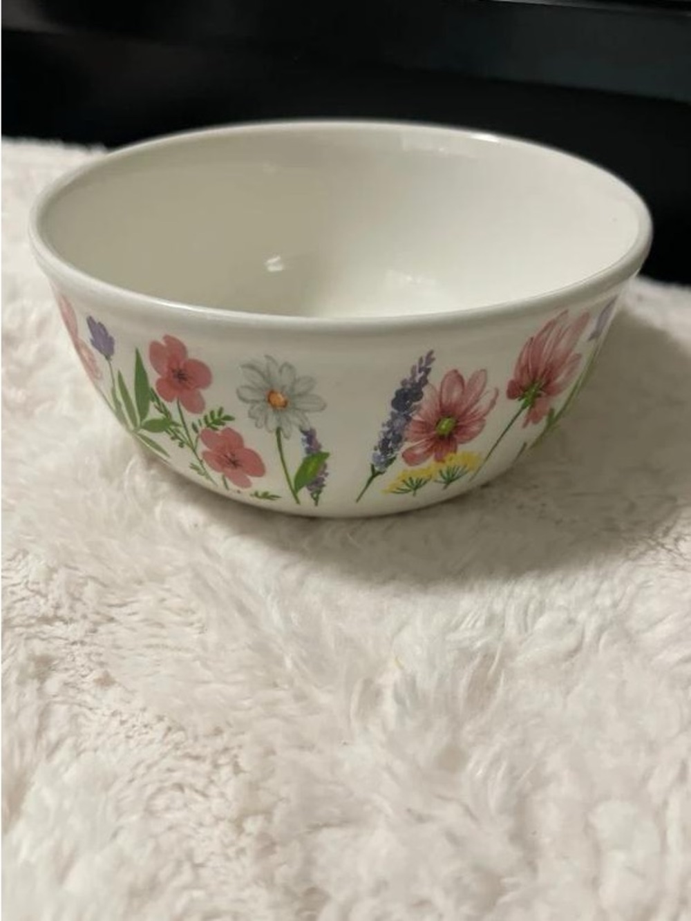 Ceramic Floral Serving Bowl in White with Pink & Lavender Accents